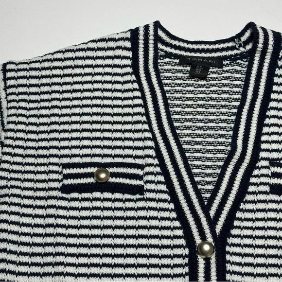 Tahari Knit V-Neck Cardigan; Black/White Stripes; Silver Accents - Women Medium - Picture 5 of 15